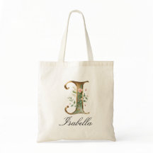 Elegant Gold Floral Letter I Monogram Tote Bag