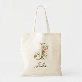 Elegant Gold Floral Letter J Monogram Tote Bag トートバッグ