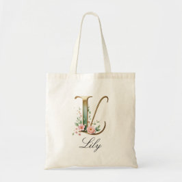 Elegant Gold Floral Letter L Monogram Tote Bag トートバッグ