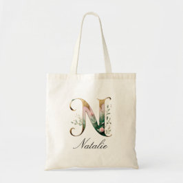 Elegant Gold Floral Letter N Monogram Tote Bag トートバッグ