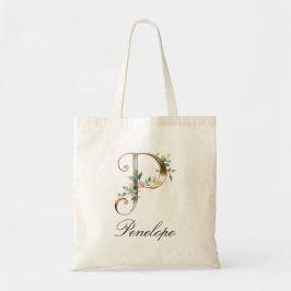 Elegant Gold Floral Letter P Monogram Tote Bag トートバッグ