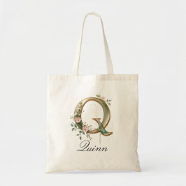 Elegant Gold Floral Letter Q Monogram Tote Bag トートバッグ