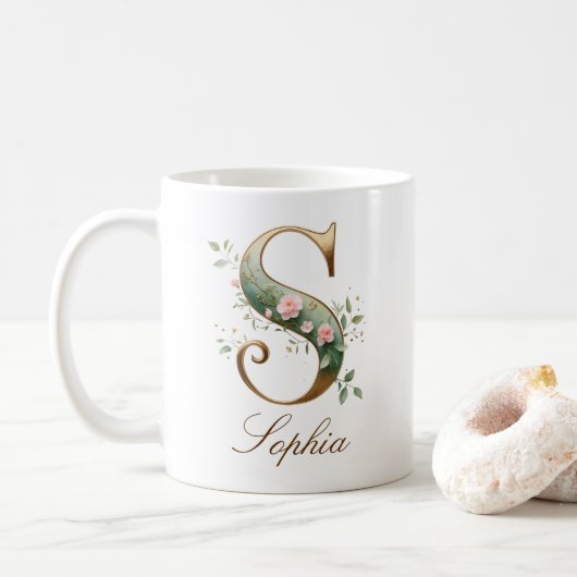 Elegant Gold Floral Letter S Monogram Mug コーヒーマグカップ (ドーナツ)