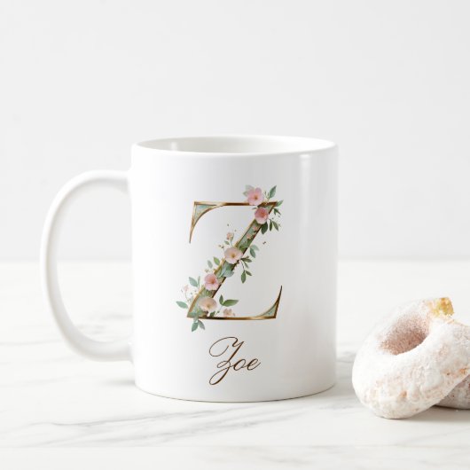 Elegant Gold Floral Letter Z Monogram Mug コーヒーマグカップ (ドーナツ)