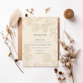 Elegant Gold Floral Line Art Wedding Invitation 招待状