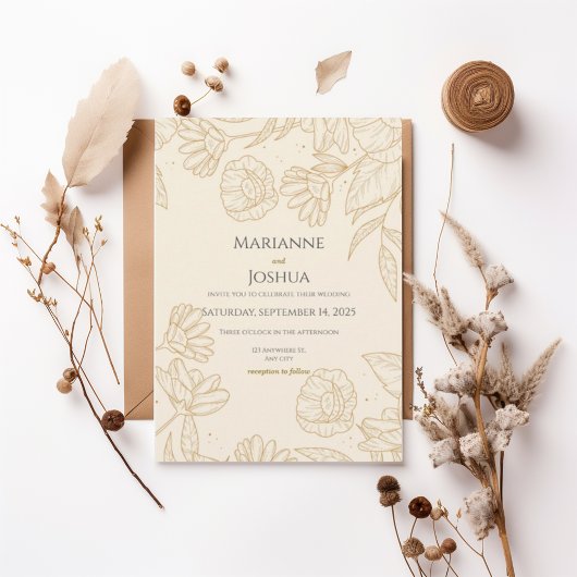 Elegant Gold Floral Line Art Wedding Invitation 招待状