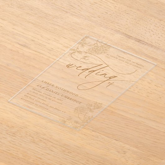 Elegant Gold Floral Modern Script Wedding アクリル招待状 (レイダウン)