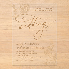 Elegant Gold Floral Modern Script Wedding アクリル招待状