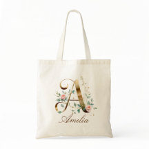 Elegant Gold Floral Monogram Initial A Tote Bag