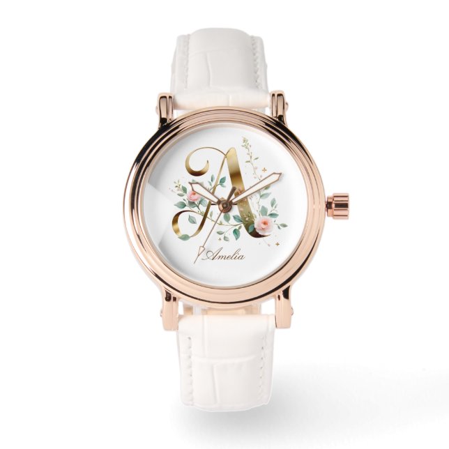 Elegant Gold Floral Monogram Initial A Watch 腕時計 (正面)