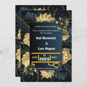Elegant Gold Floral Navy Holiday Wedding Invite 招待状 (正面/裏面)