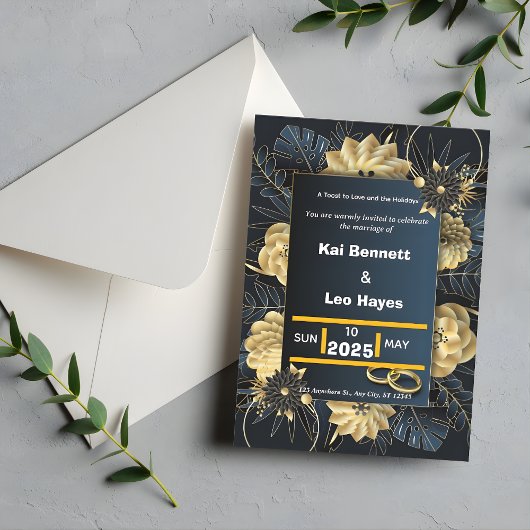 Elegant Gold Floral Navy Holiday Wedding Invite 招待状
