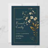 Elegant Gold Floral Navy Wedding 招待状 (正面)