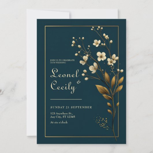 Elegant Gold Floral Navy Wedding 招待状 (正面)