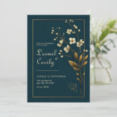 Elegant Gold Floral Navy Wedding 招待状 (スタンド正面)
