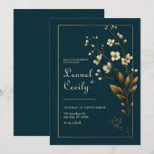 Elegant Gold Floral Navy Wedding 招待状 (正面/裏面)