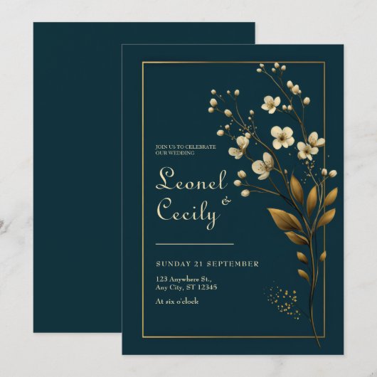 Elegant Gold Floral Navy Wedding 招待状 (正面/裏面)