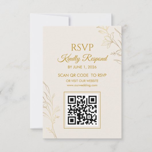 Elegant Gold Floral QR Code Wedding RSVP Card (正面)