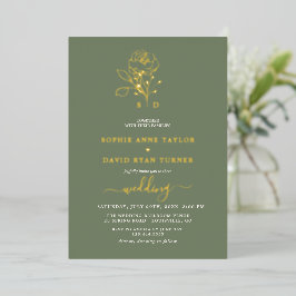 Elegant Gold Floral Sage Green Monogram Wedding 箔招待状