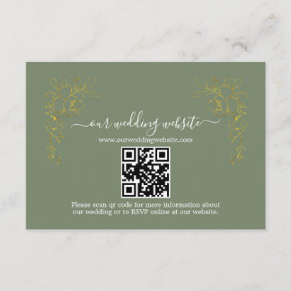 Elegant Gold Floral Sage Green QR Code Wedding  エンクロージャーカード