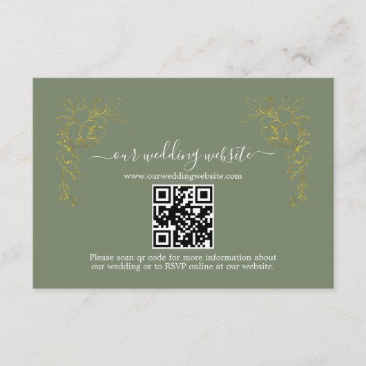 Elegant Gold Floral Sage Green QR Code Wedding  エンクロージャーカード (正面)