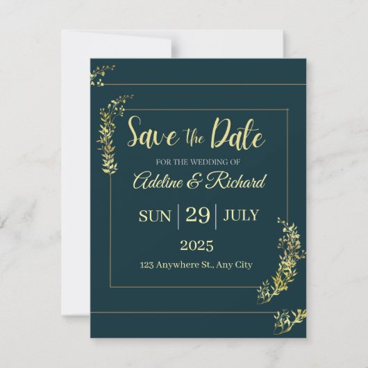 Elegant Gold Floral Save The Date Card シーズンカード (正面)