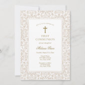 Elegant Gold Floral Traditional First Communion 招待状 (正面)