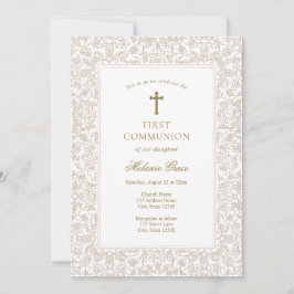 Elegant Gold Floral Traditional First Communion  招待状