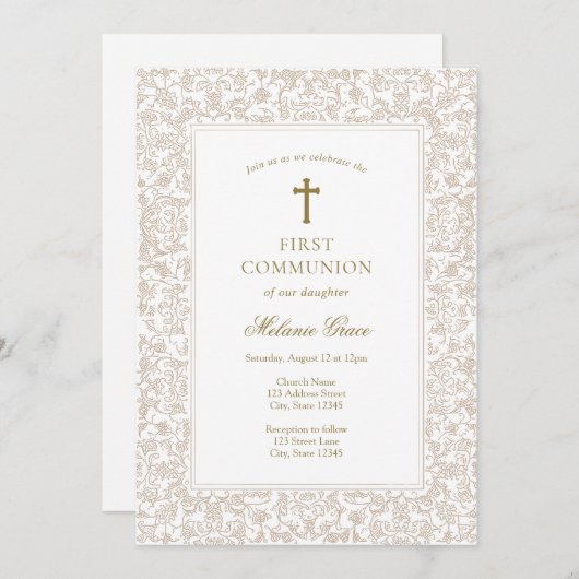 Elegant Gold Floral Traditional First Communion 招待状 (正面/裏面)