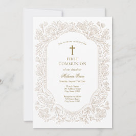 Elegant Gold Floral Traditional First Communion  招待状