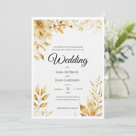 Elegant Gold Floral Wedding 招待状 (スタンド正面)