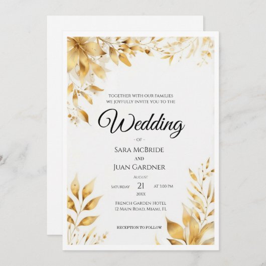 Elegant Gold Floral Wedding 招待状 (正面/裏面)