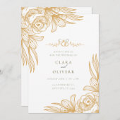 Elegant Gold Floral Wedding Invitation 招待状 (正面/裏面)