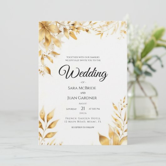 Elegant Gold Floral Wedding Invitation 招待状 (スタンド正面)