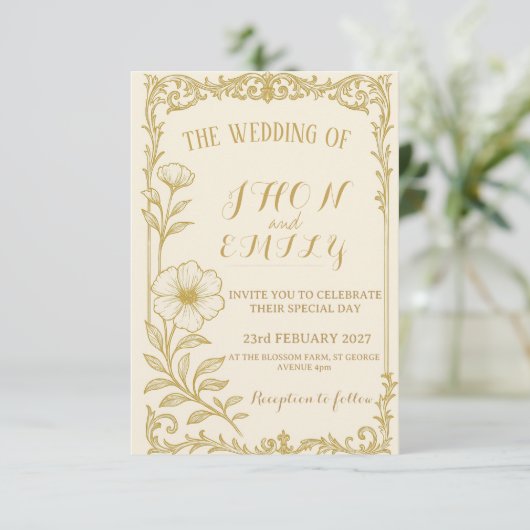 Elegant Gold Floral Wedding Invitation  招待状 (スタンド正面)