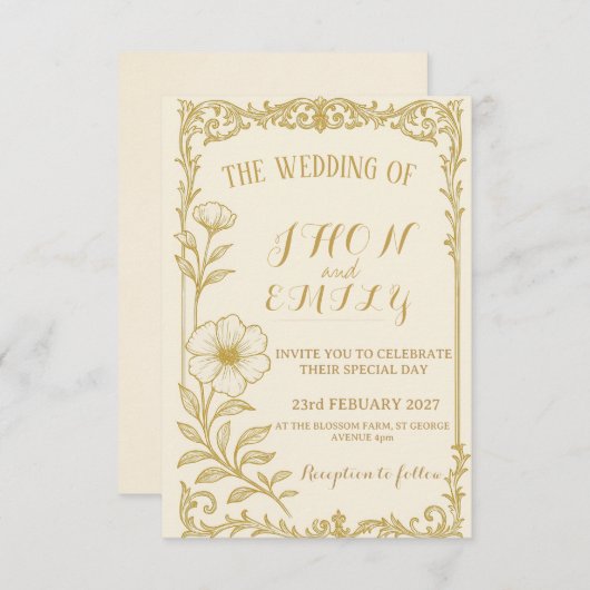 Elegant Gold Floral Wedding Invitation  招待状 (正面/裏面)