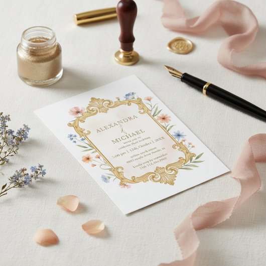Elegant Gold Floral Wedding Invitation Frame 招待状
