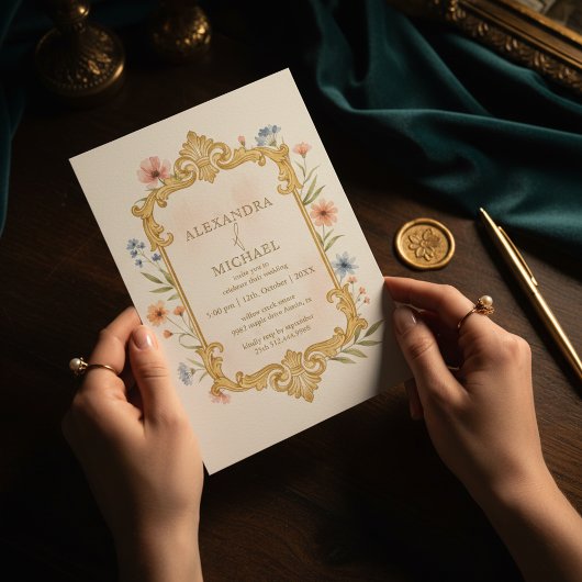 Elegant Gold Floral Wedding Invitation Frame 招待状