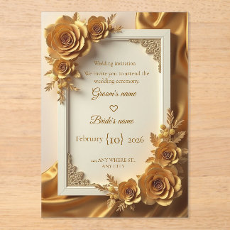 Elegant Gold Floral Wedding Invitation with Luxury アクリル招待状