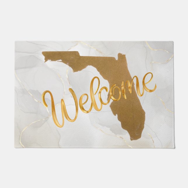 Elegant Gold Florida State Map Welcome ドアマット (正面)