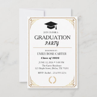 Elegant Gold Flourish Black Graduation Party  招待状