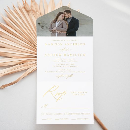 Elegant Gold Foil Calligraphy Photo Wedding オールインワン招待状