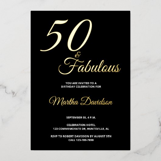 Elegant Gold Foil Fifty and Fabulous 50th Birthday 箔招待状 (正面)