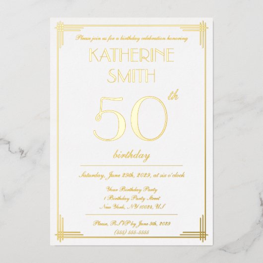 Elegant Gold Foil Gatsby Birthday Party Invites 箔招待状 (正面)