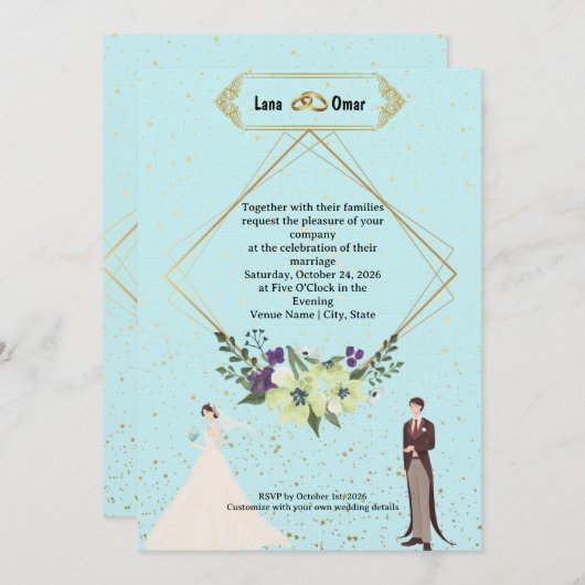 Elegant Gold Foil Geometric Dusty Blue Wedding 招待状 (正面/裏面)