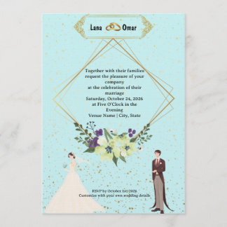 Elegant Gold Foil Geometric Dusty Blue Wedding  招待状