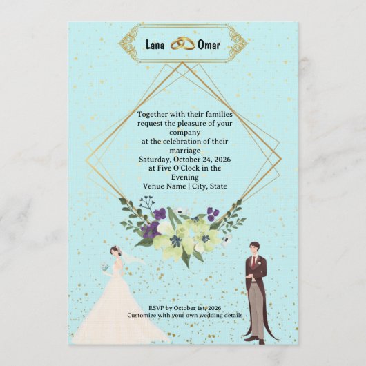 Elegant Gold Foil Geometric Dusty Blue Wedding  招待状 (正面)