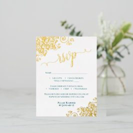 Elegant Gold Foil on Dark Teal Wedding RSVP Card 箔招待状ポストカード
