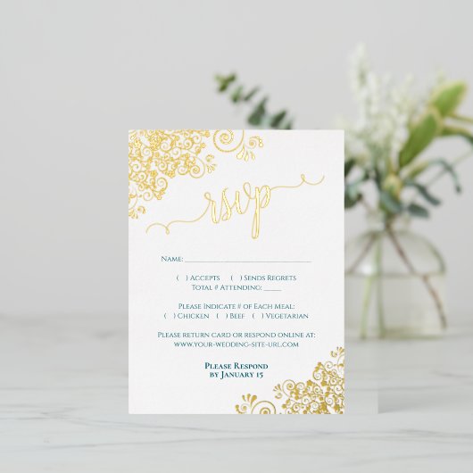 Elegant Gold Foil on Dark Teal Wedding RSVP Card 箔招待状ポストカード (立ち正面)