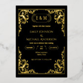 Elegant Gold Foil Ornate Monogram Black  Wedding  箔招待状 (正面)
